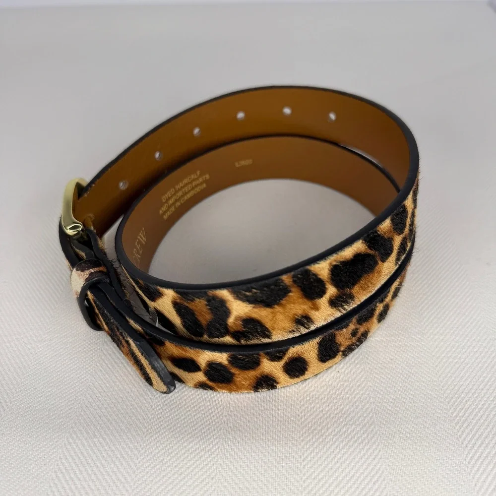 Statement J.Crew Leopard Calf Hair Belt Gold Buckle Animal Print Tan Brown
